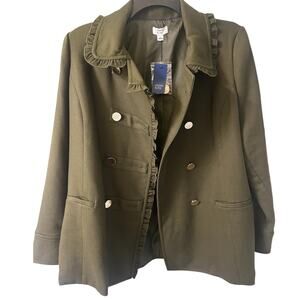 Crown &Ivy Double breasted gold buttoned ruffle peacoat milatary green  sz Large